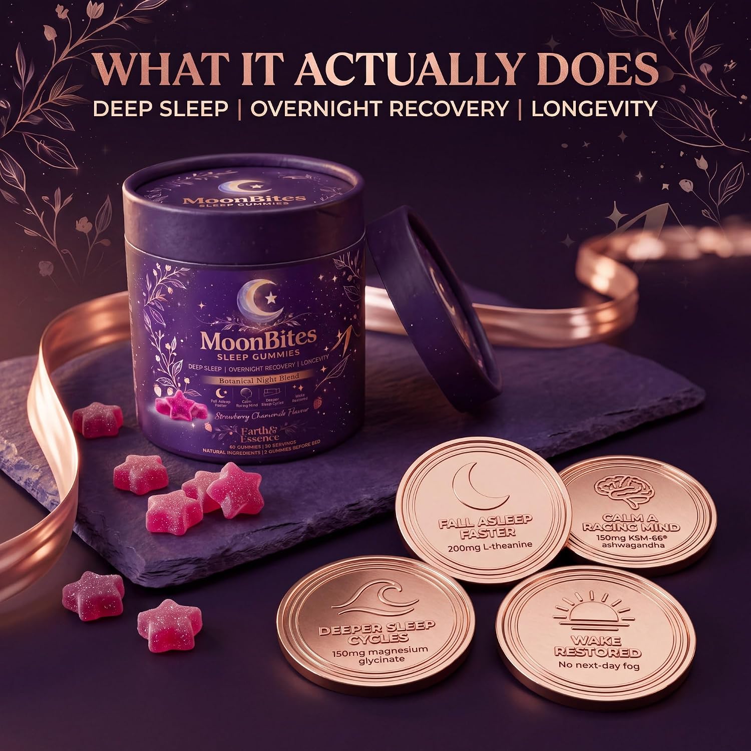 MoonBites tub beside rose-gold coins describing what it does